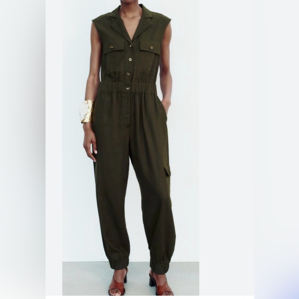Zara Jumpsuit Dark Green Button-Up Linen Blend Size XL - Picture 8 of 15